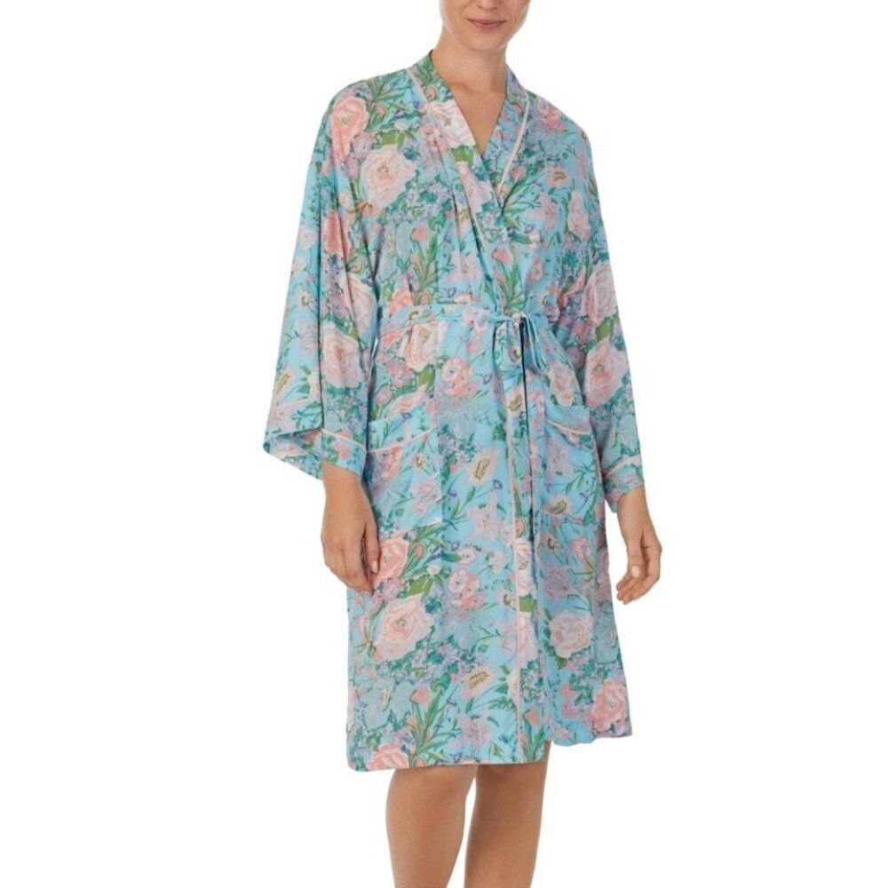 Sanctuary Women's Large XL Floral 3/4 Sleeve Wrap Robe Blue Floral New NO BELT